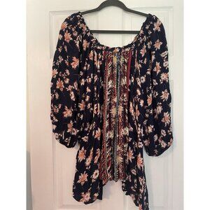 ANG Boho Peasant Blouse 1X (14) asymmetrical Balloon sleeves Navy blue comfort